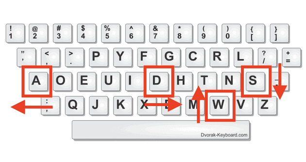 The physical position of WASD in a DVORAK layout