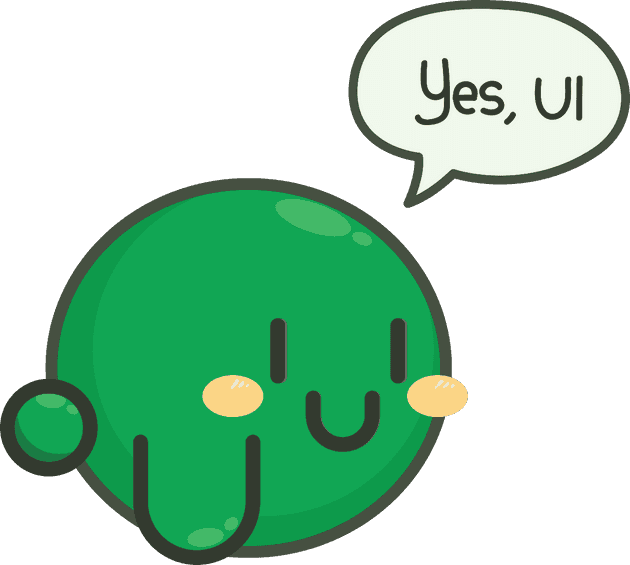Yui, the green Kirby-like mascot saying "Yes, UI".