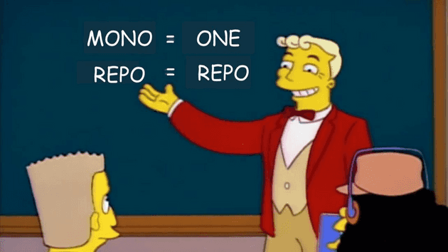 Lyle Lanley pointing to a white board that says mono = one, repo = repo