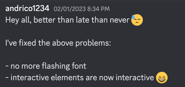 I've fixed the following problems: No more flashing font. Interactive elements are now interactive.